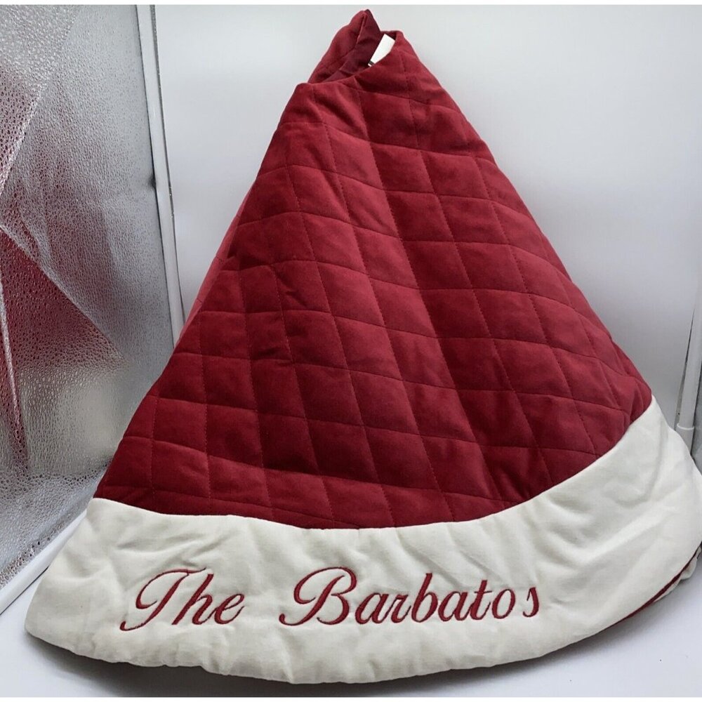 Pottery Barn Velvet Tree Skirt Christmas Quilted Red Cream Button Closure 45 in
